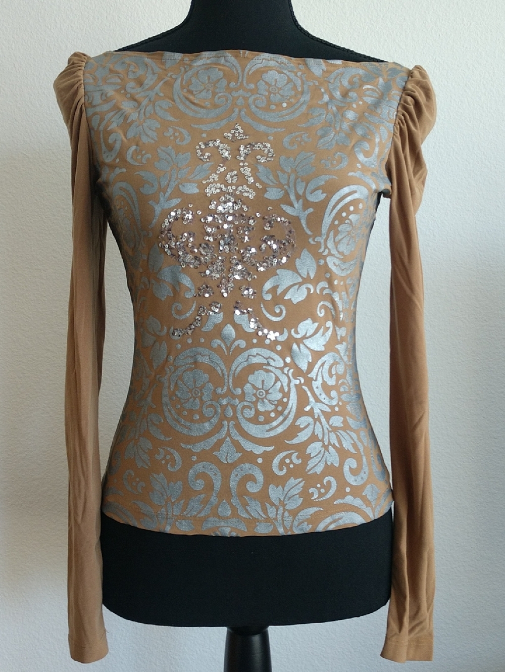Tea Collection Tan Long Sleeve Top with Silver Baroque Print and Sequin Cross